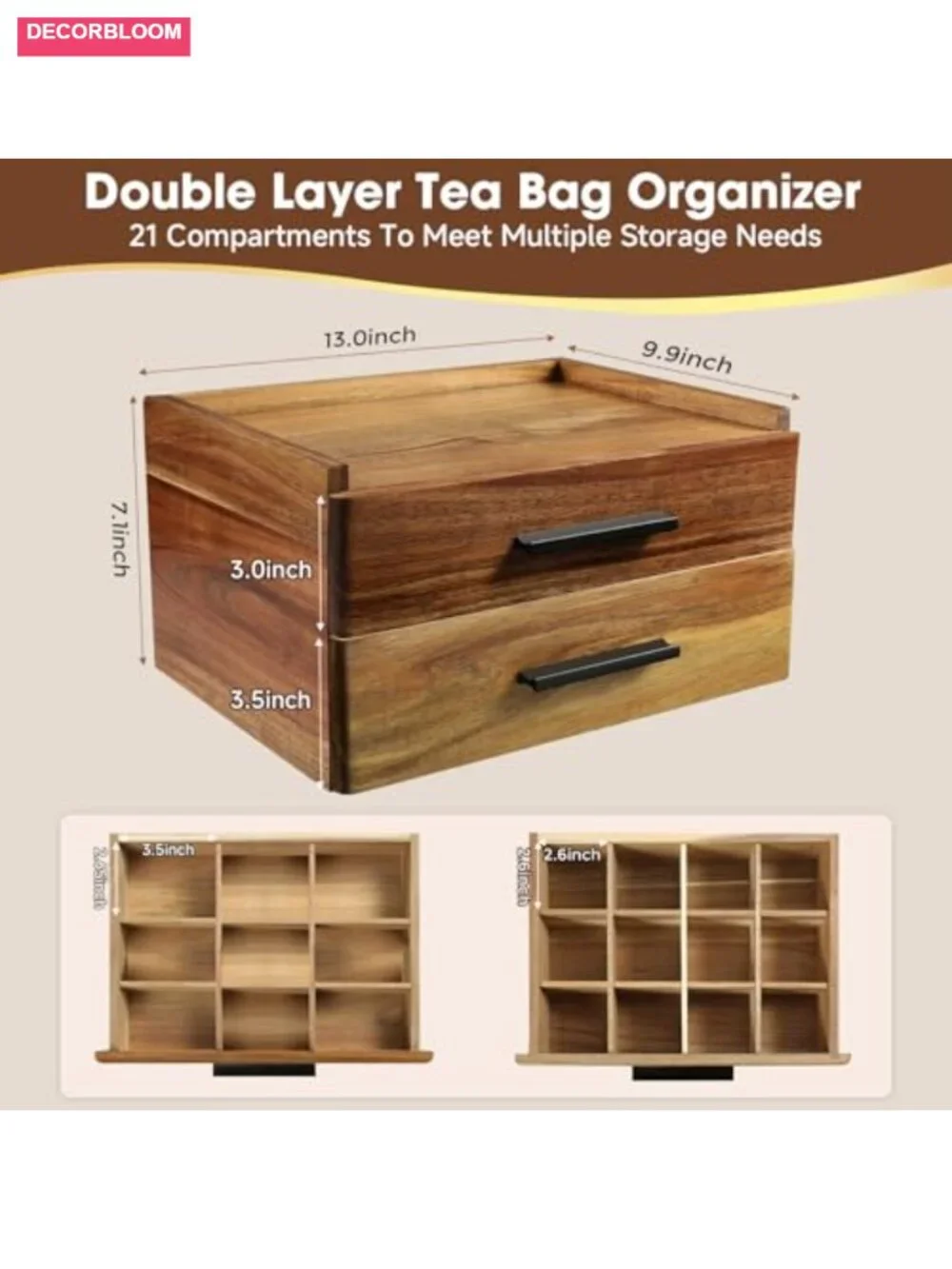 Acacia Wood Tea Bag Organizer Double Drawer Storage Box with Dividers